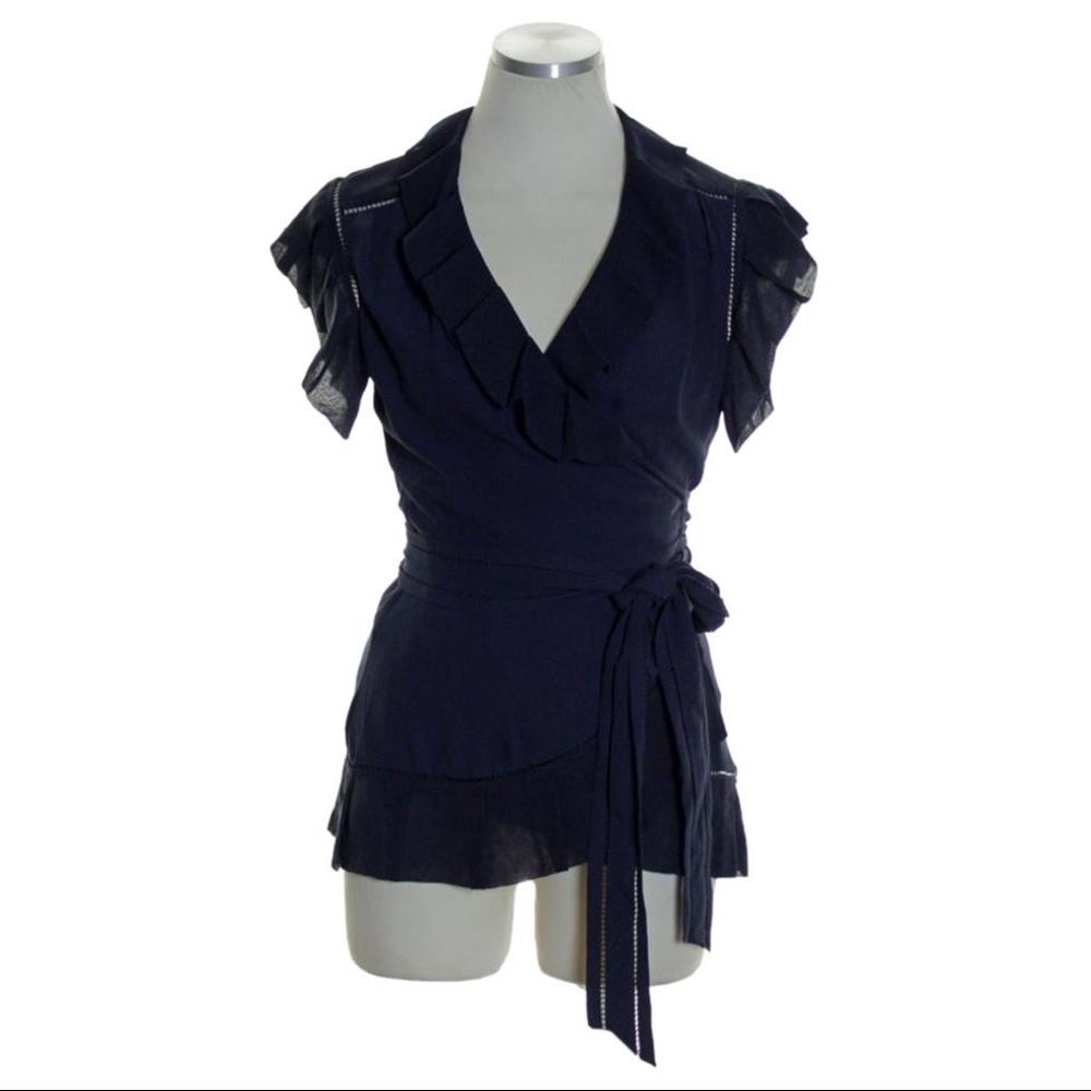 DVF Marcelo Silk Ruffle Wrap Blouse Navy (Size 0)